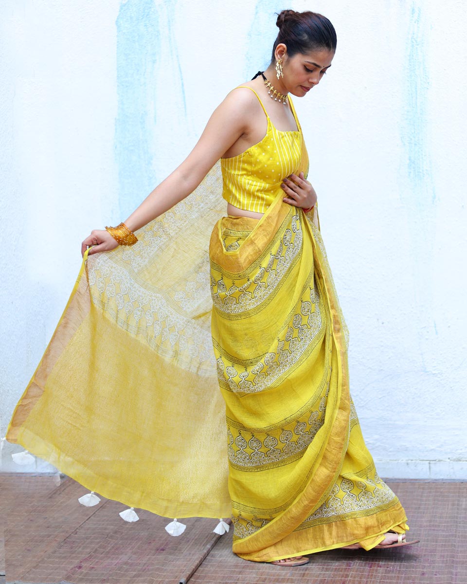 Ziya Yellow Handblock Print Linen Saree - RSH