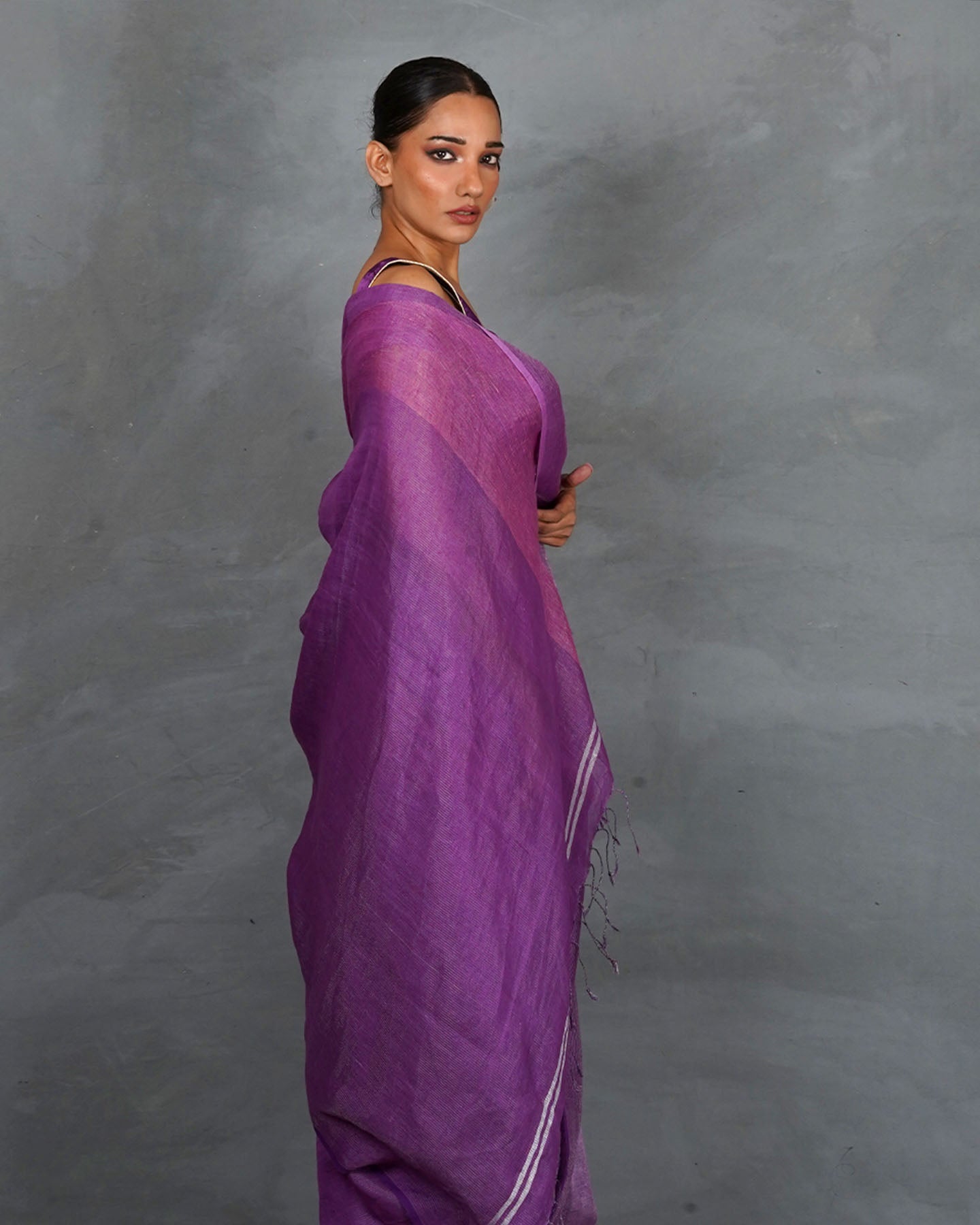 Embrace Glow Purple Handwoven Linen Saree - TARA