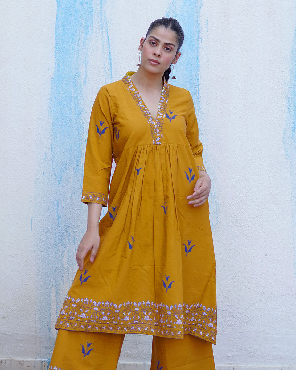 Rangeeli Mustard Yellow Handblock Print Cotton Kurta Set - BFG