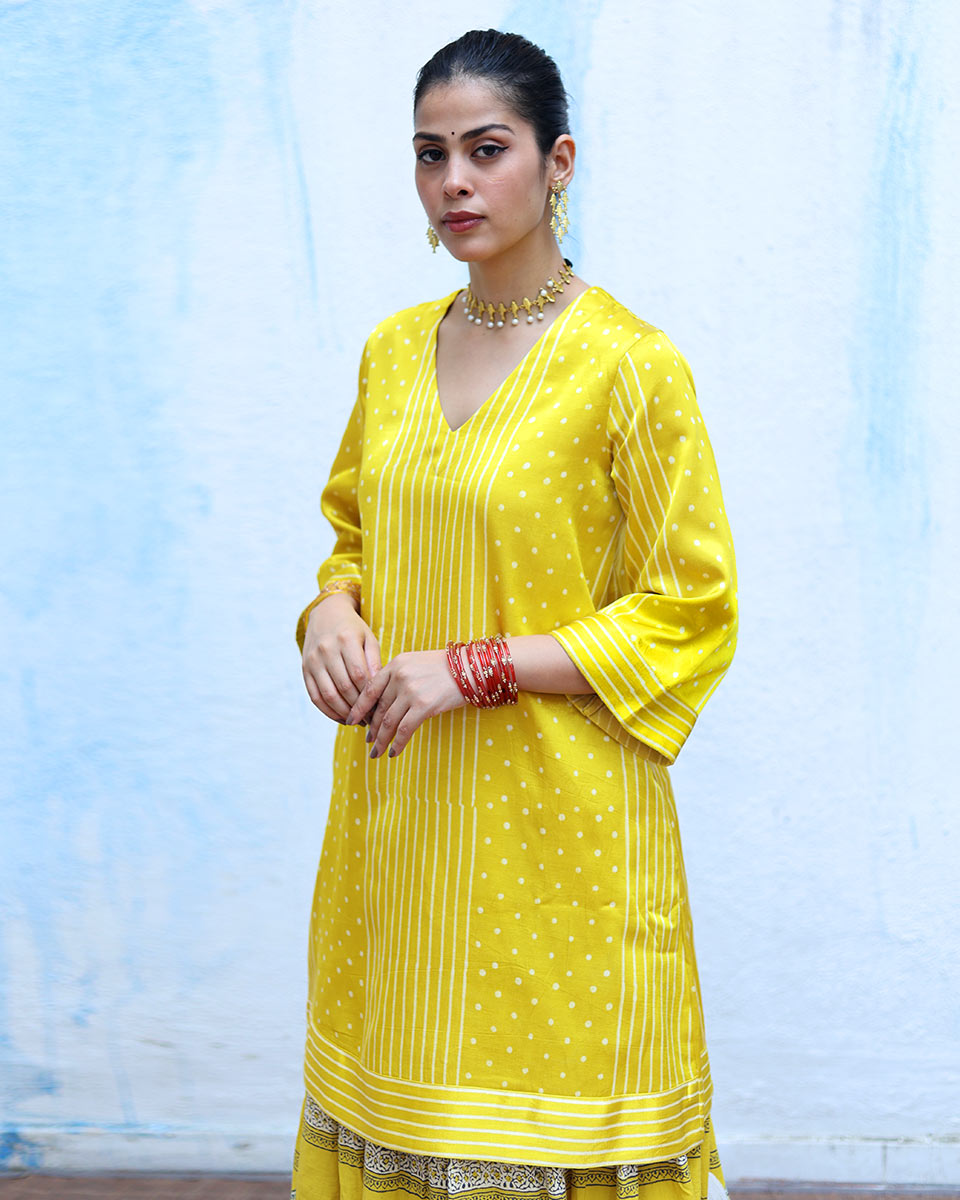 Jhilmil Yellow Handblock Print Mashru Silk Kurta - RSH