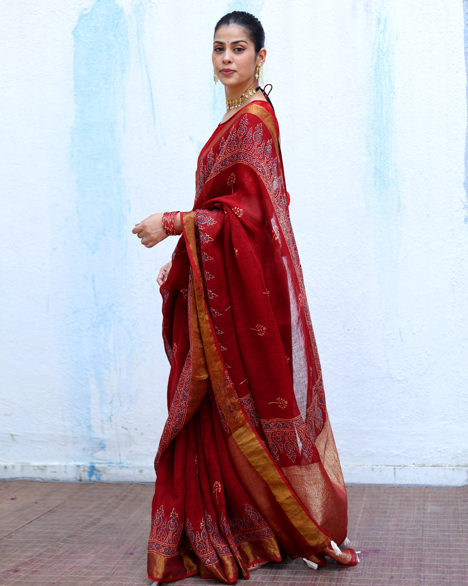 Nayyir Maroon Handblock Print Linen Saree - RSH