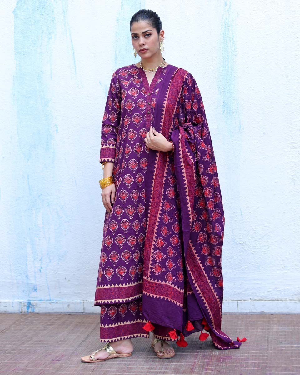 Ujwala Purple Handblock Print Cotton Dupatta - RSH