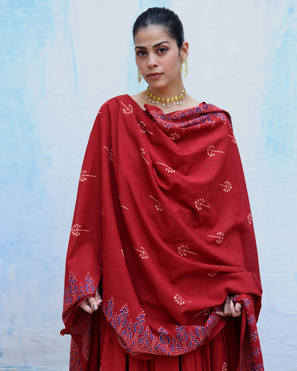 Chiraagh Red Handblock Print Cotton Dupatta - RSH