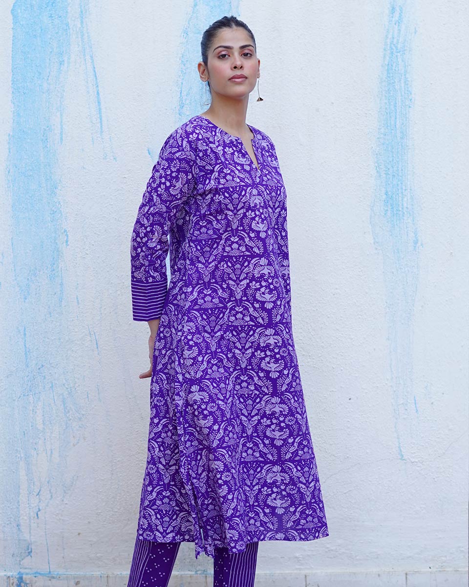 Hawa Purple Handblock Print Cotton Kurta Set - BFG