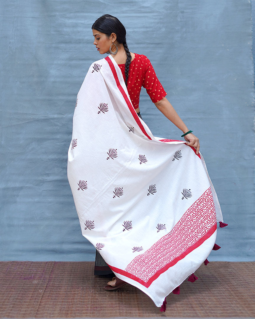 Moon & Mist Black & White Handblock Print Cotton Saree - M&M