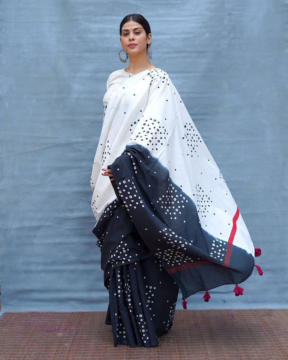 Colourblind Black & White Handblock Print Cotton Saree - M&M