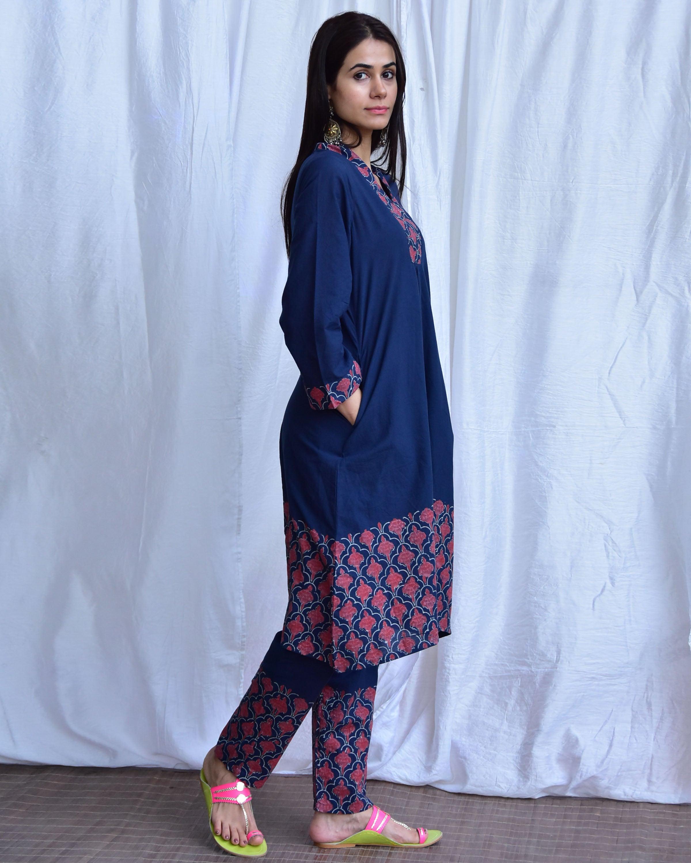 Starry Bloom Blue Hand block printed Cotton Kurta - LD