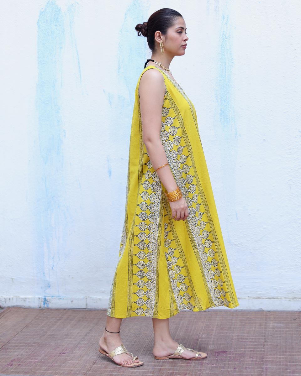 Roushan Yellow Handblock Print Cotton Dress - RSH