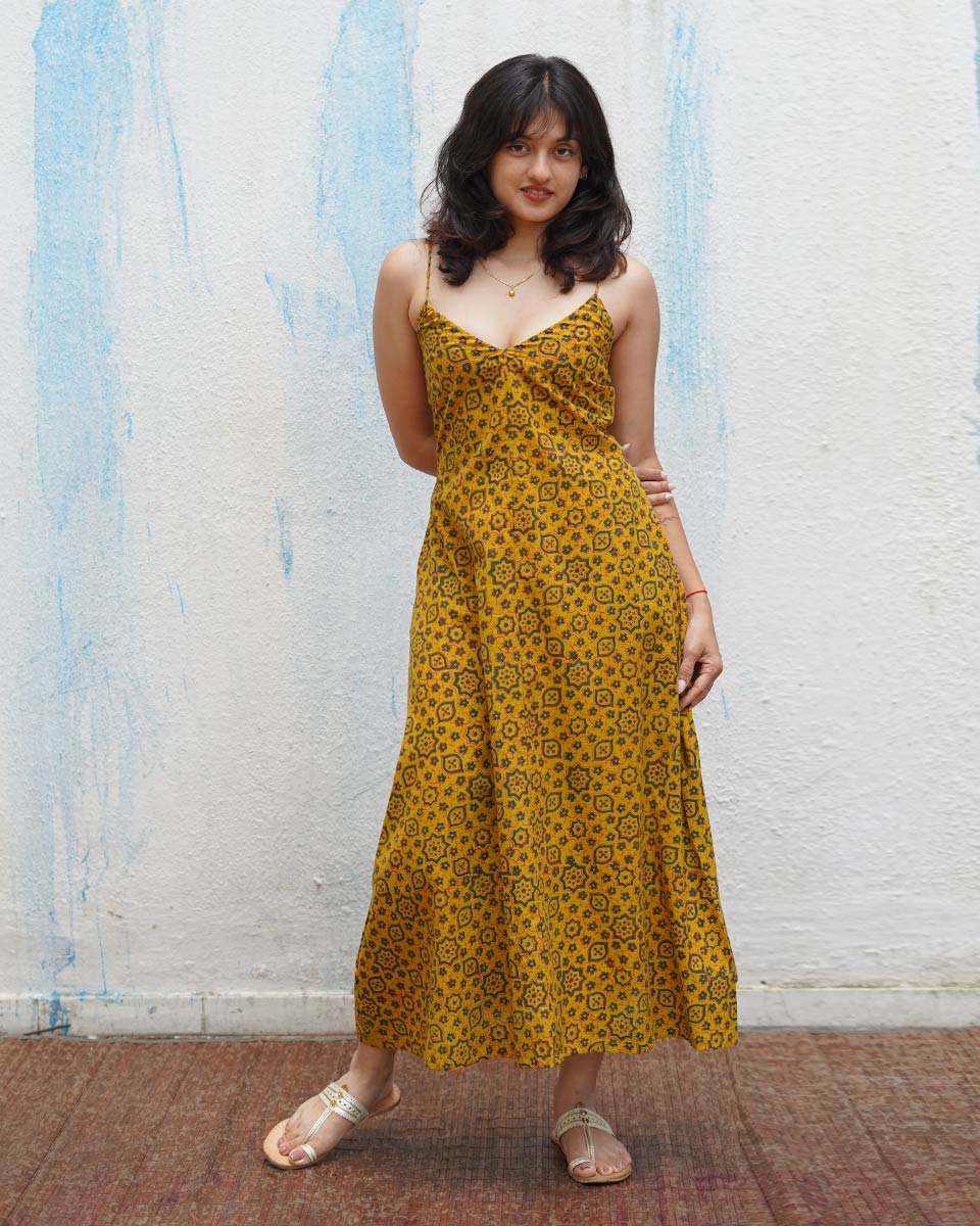 Worm Moon Yellow Handblock Print Cotton Dress - MNCH