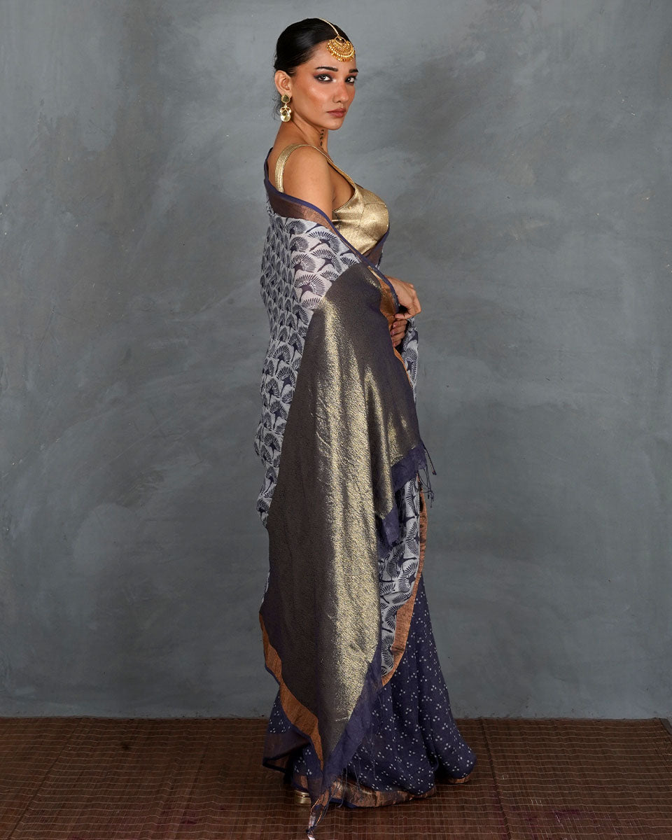 Prabha Blue With White Handblock Linen Saree - TARA