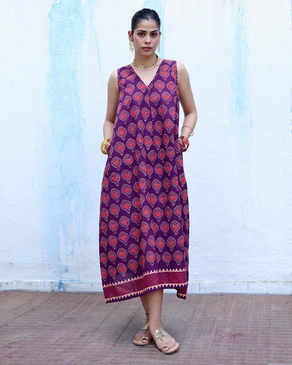 Jugnu Purple Handblock Print Cotton Dress - RSH