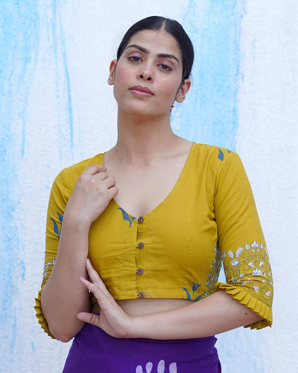 Pankhi Mustard Yellow Handblock Print Cotton Blouse - BFG