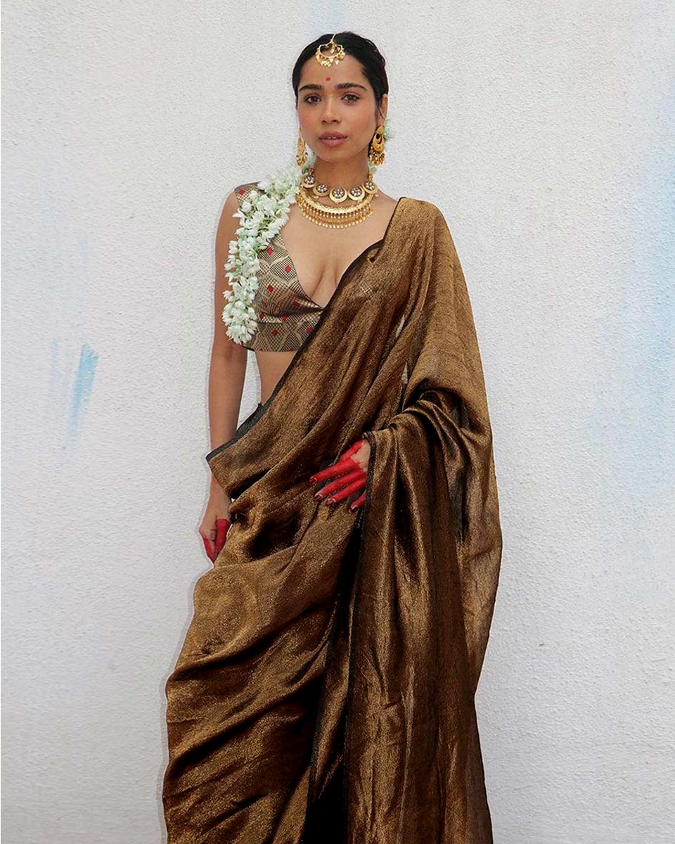 Mrinal Brown Handwoven Linen Zari Saree