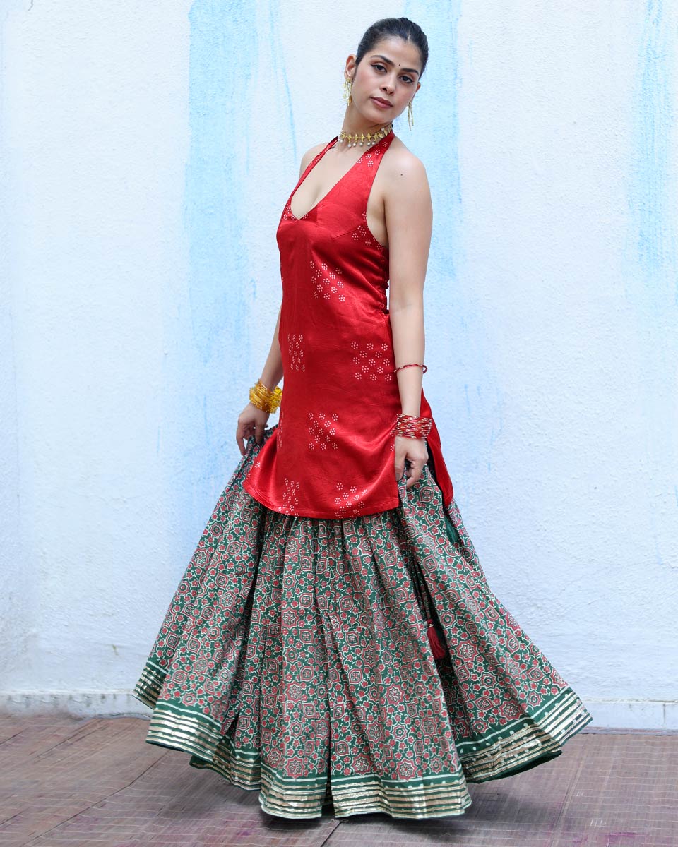 Aabha Red Handblock Print Mashru Silk Kurta - RSH