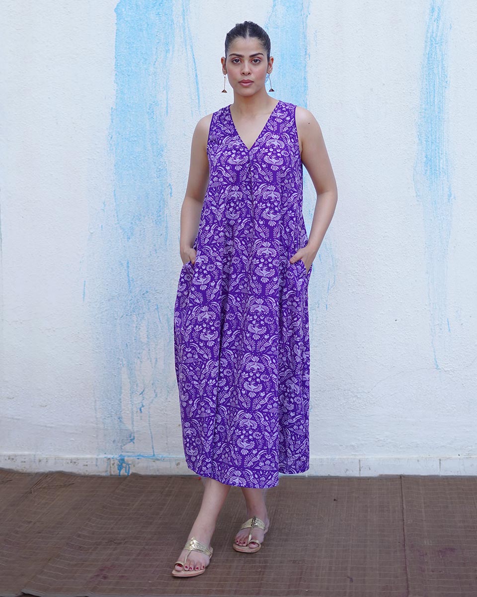 Tarang Purple Handblock Print Cotton Dress - BFG