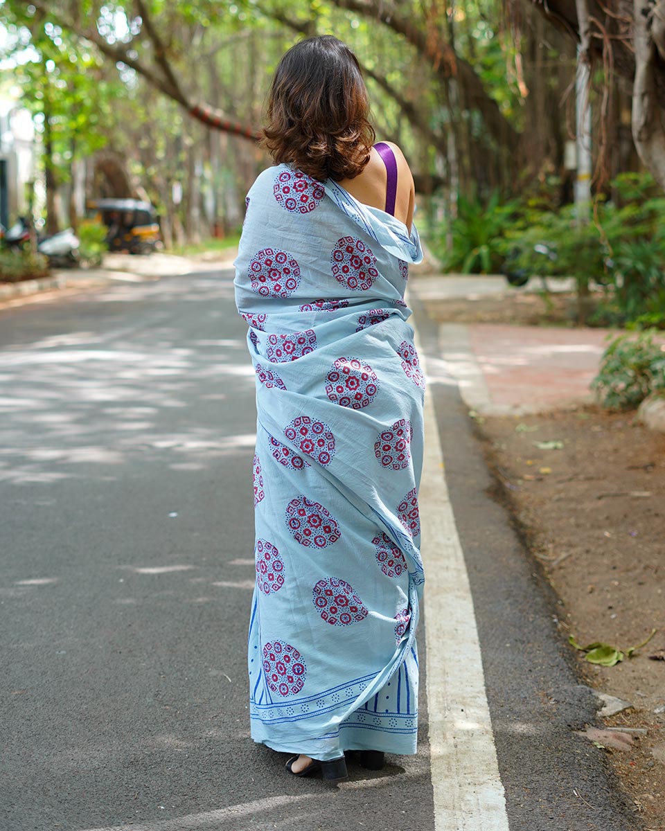 Blueberry Cream Sky Blue Handblock Print Cotton Saree - PBC