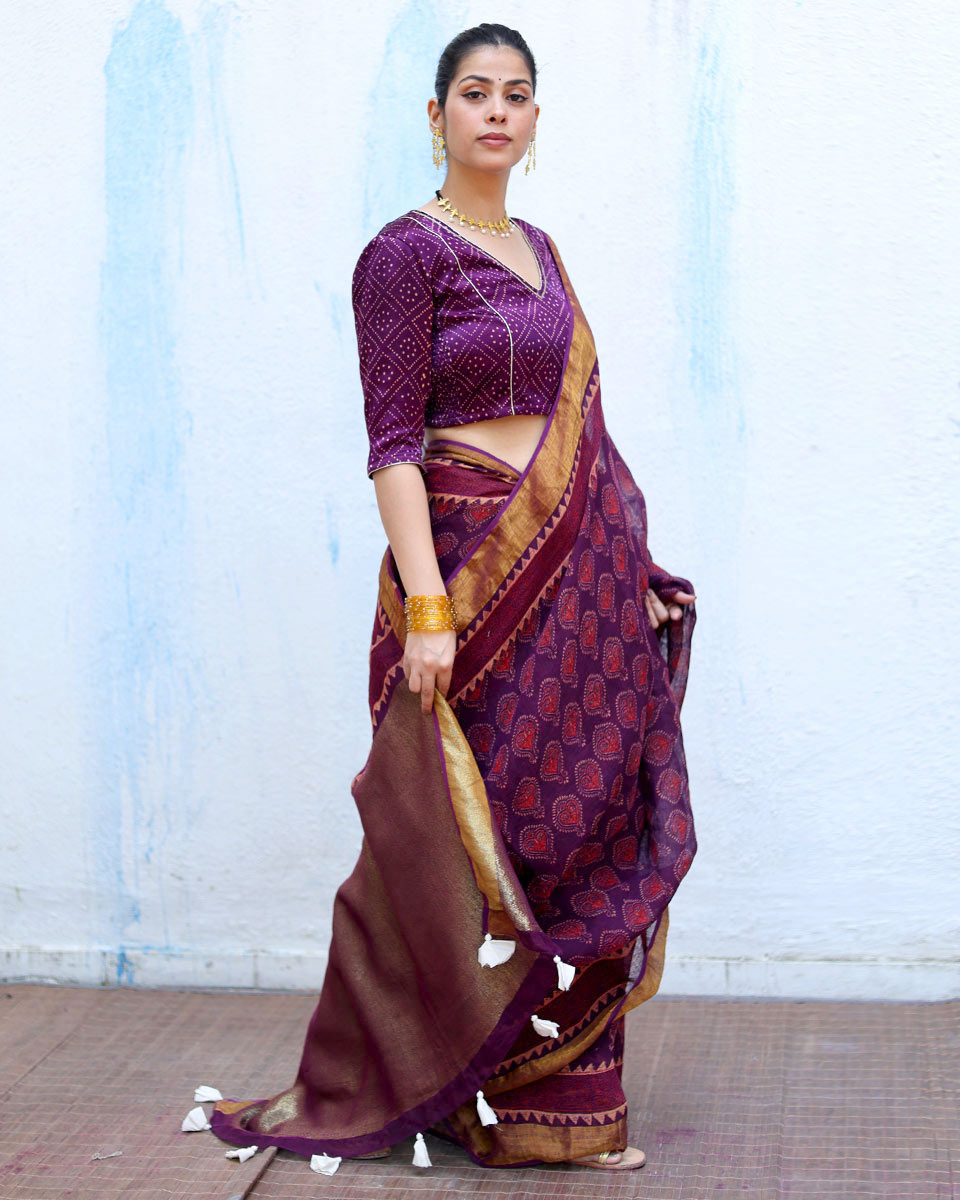 Sitara Purple Handblock Print Linen Saree - RSH