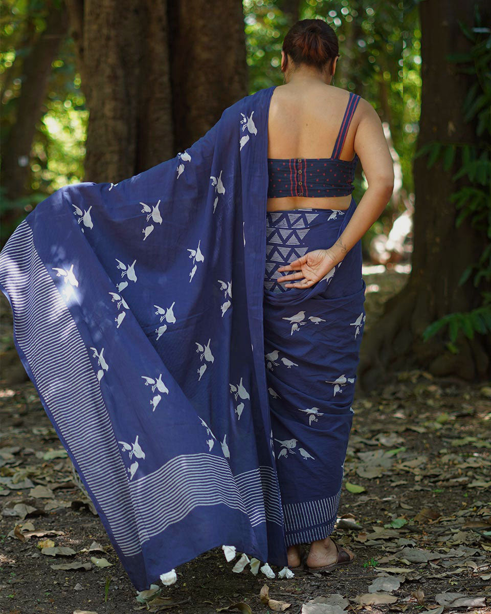 Mehekti Khushboo Blue Hand Block Printed Cotton Saree - UMT