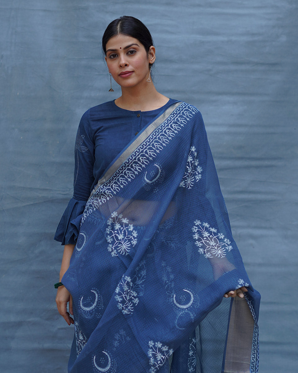 Moon water Blue Block Printed Kota Doria Saree - INDI