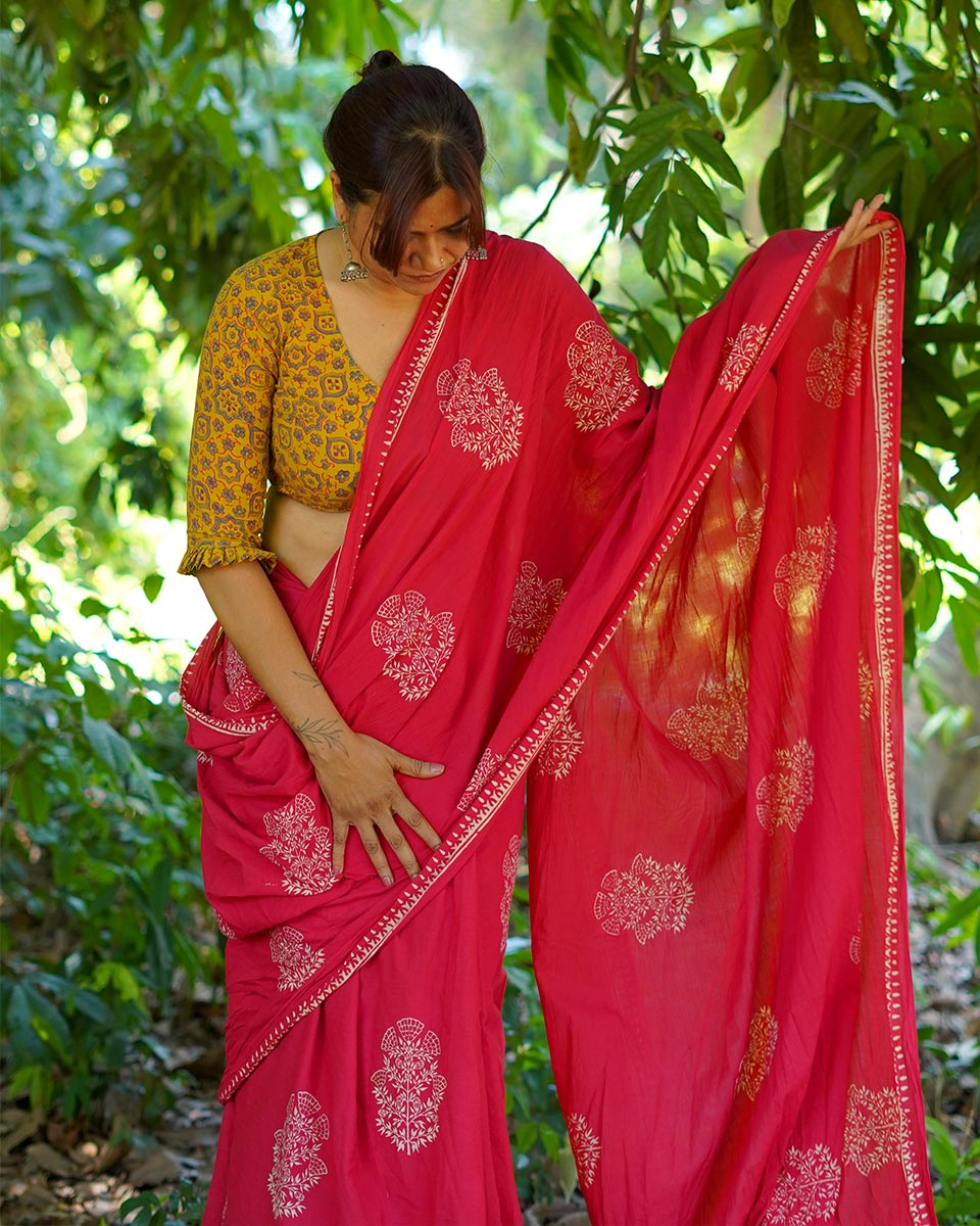 Walking Barefoot Red Hand Block Printed Cotton Saree - UMT