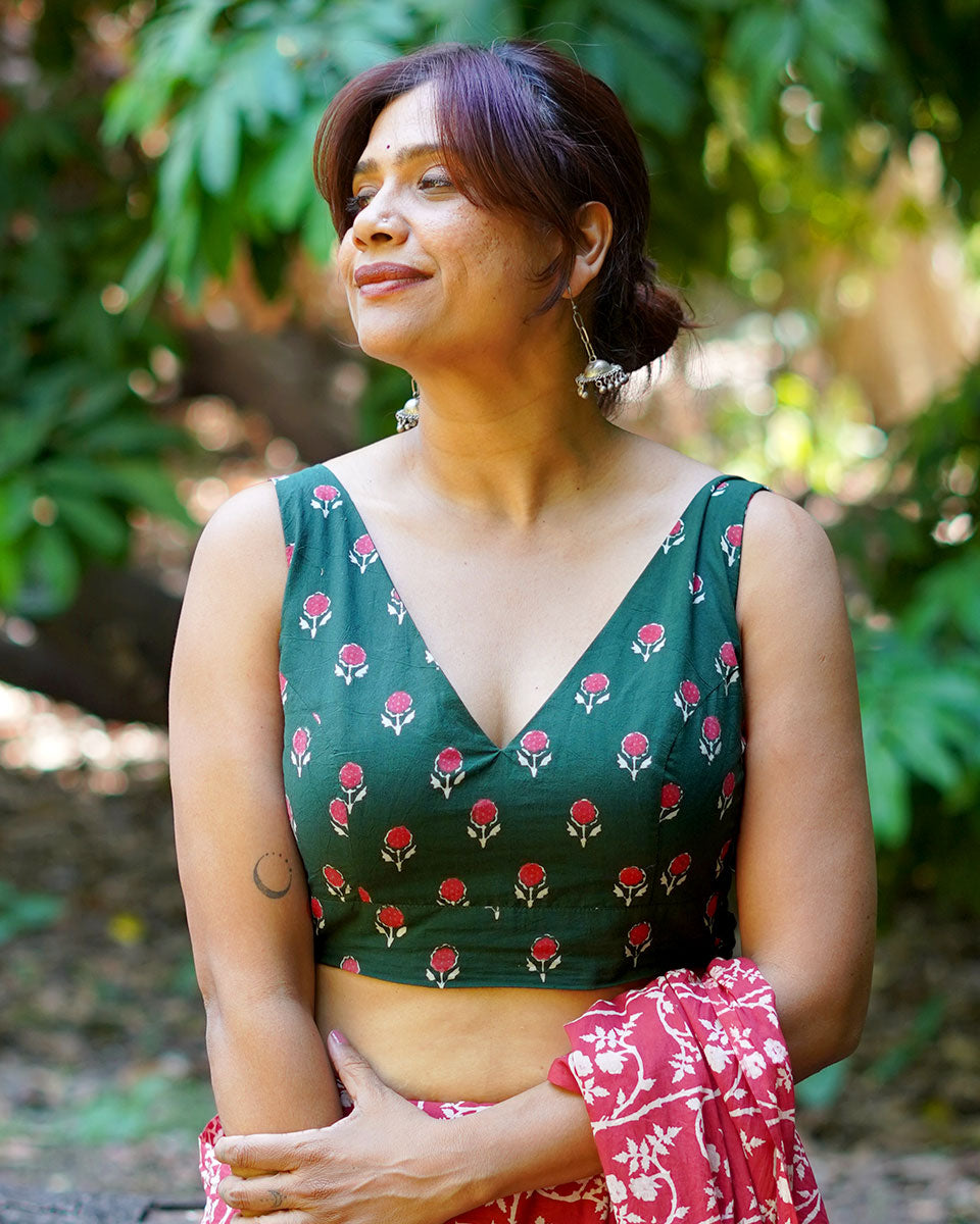 Watching kites fly Green Hand Block Printed Cotton Blouse - UMT