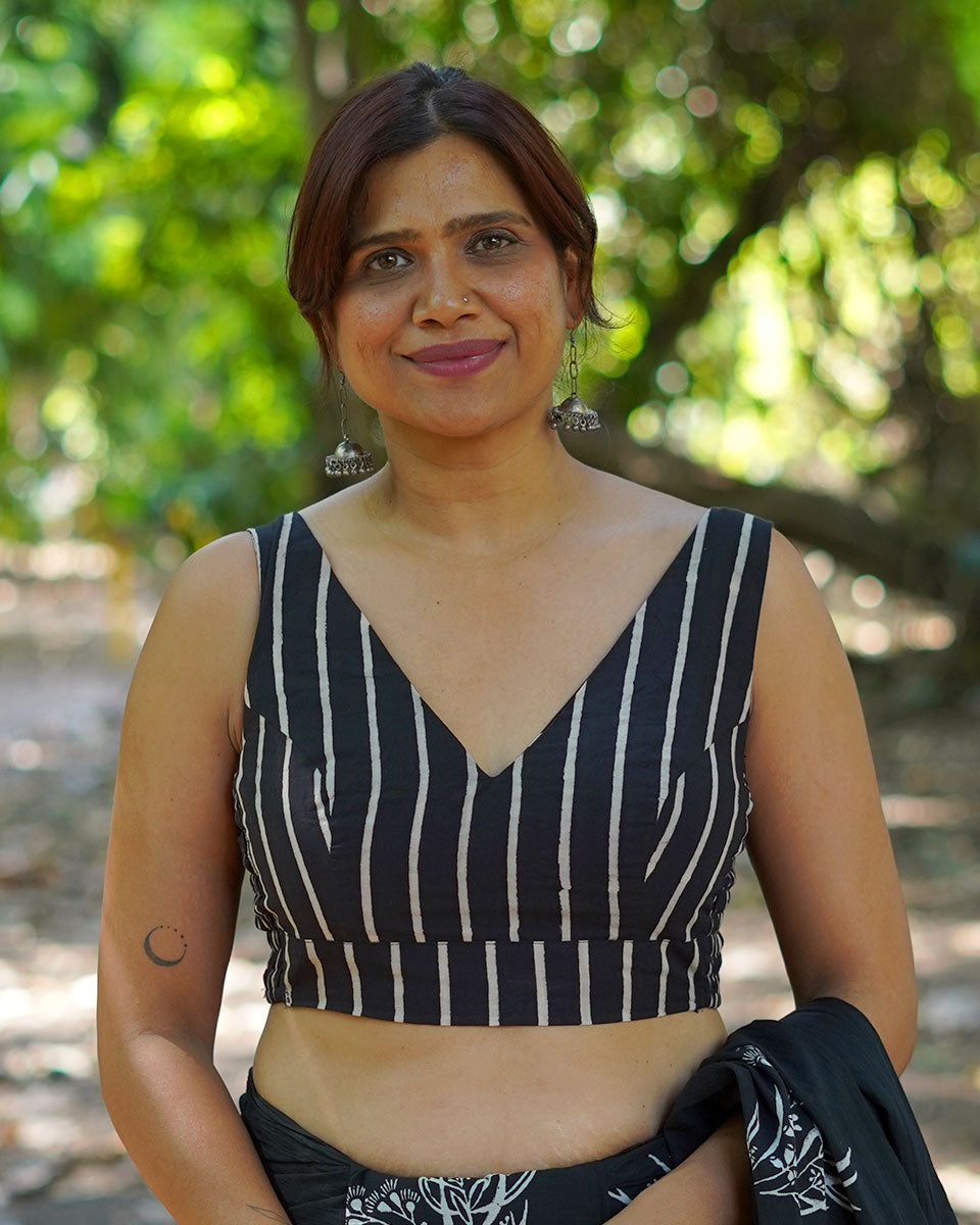 Cool Breeze Black Hand Block Printed Cotton Blouse - UMT