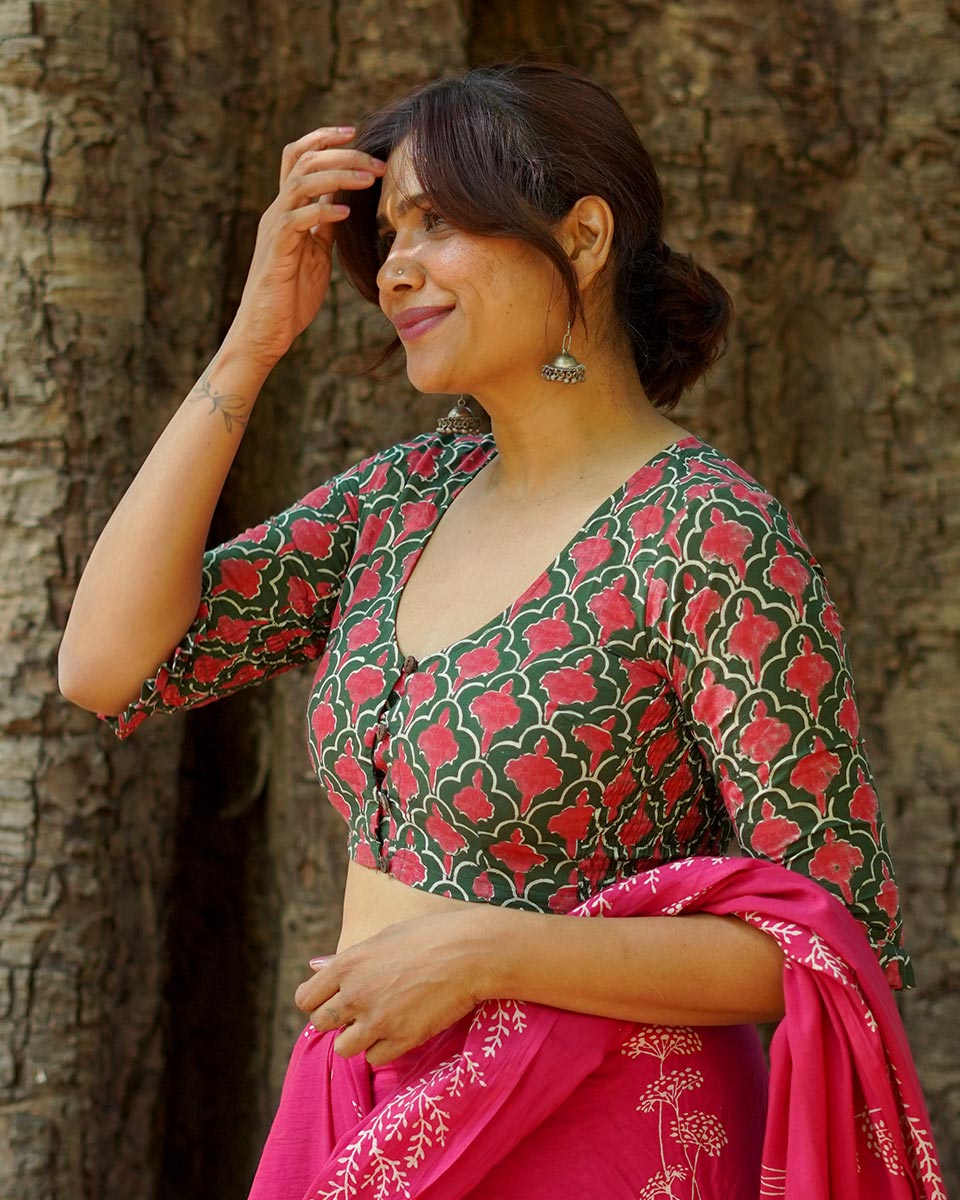 Nowhere To Be Green Hand Block Printed Cotton Blouse - UMT