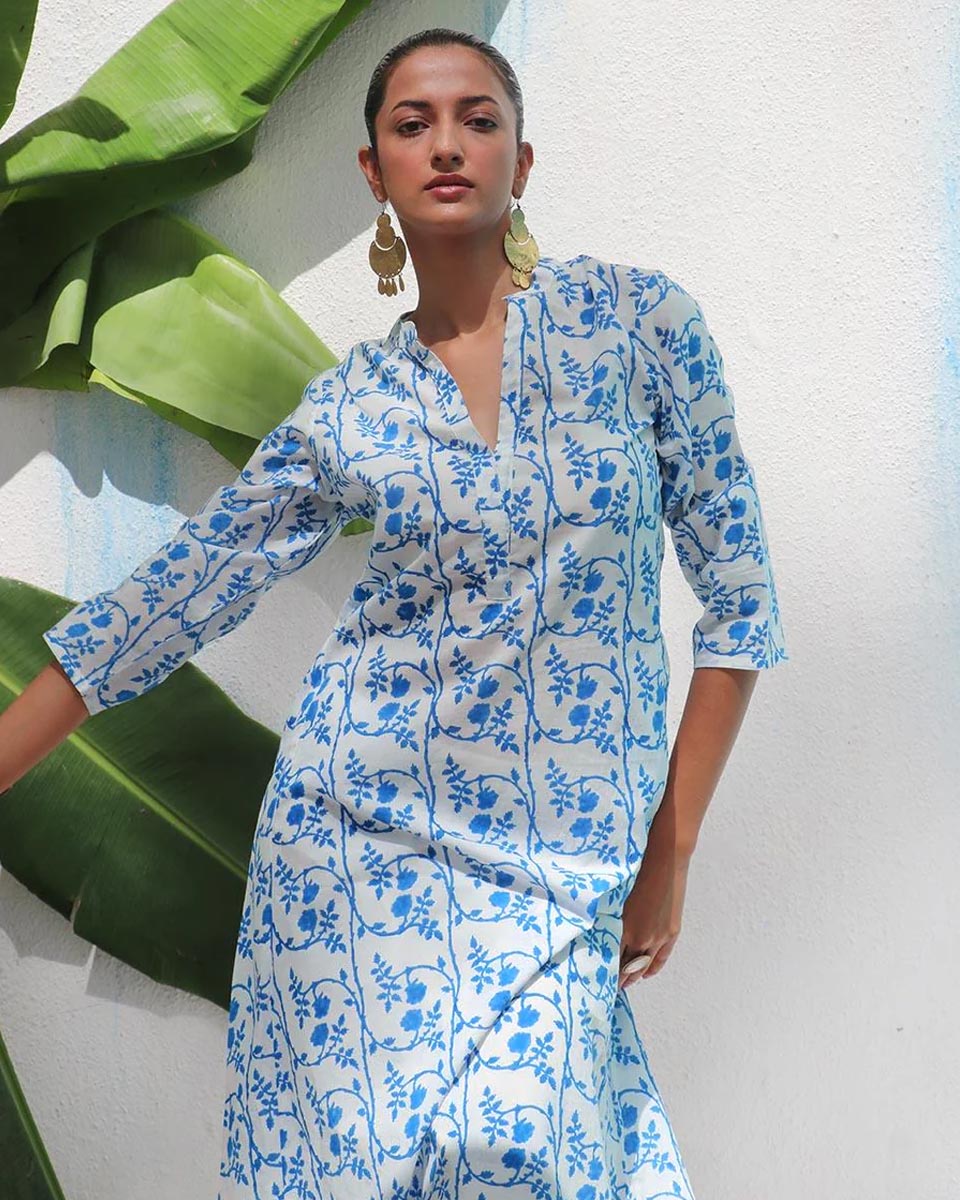 Rohini White With Blue Handblock Print Cotton Kurta - WITC