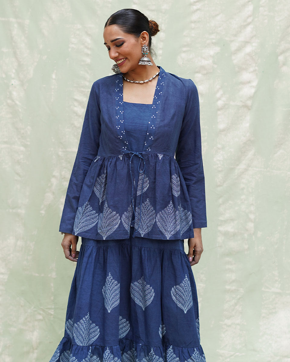 Vihang Blue Handblock Print Cotton Jacket - INDI