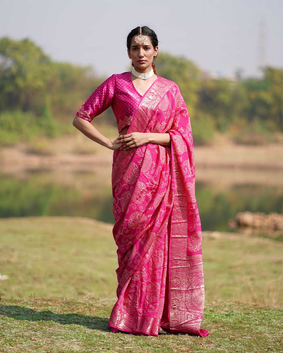 Visakha Pink Block printed Dola Silk Saree - RB