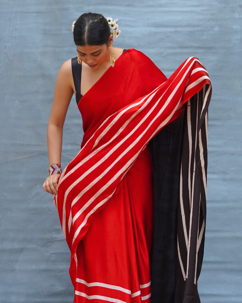 Soft Drift Red Handblock Print Modal Silk Saree - Flow