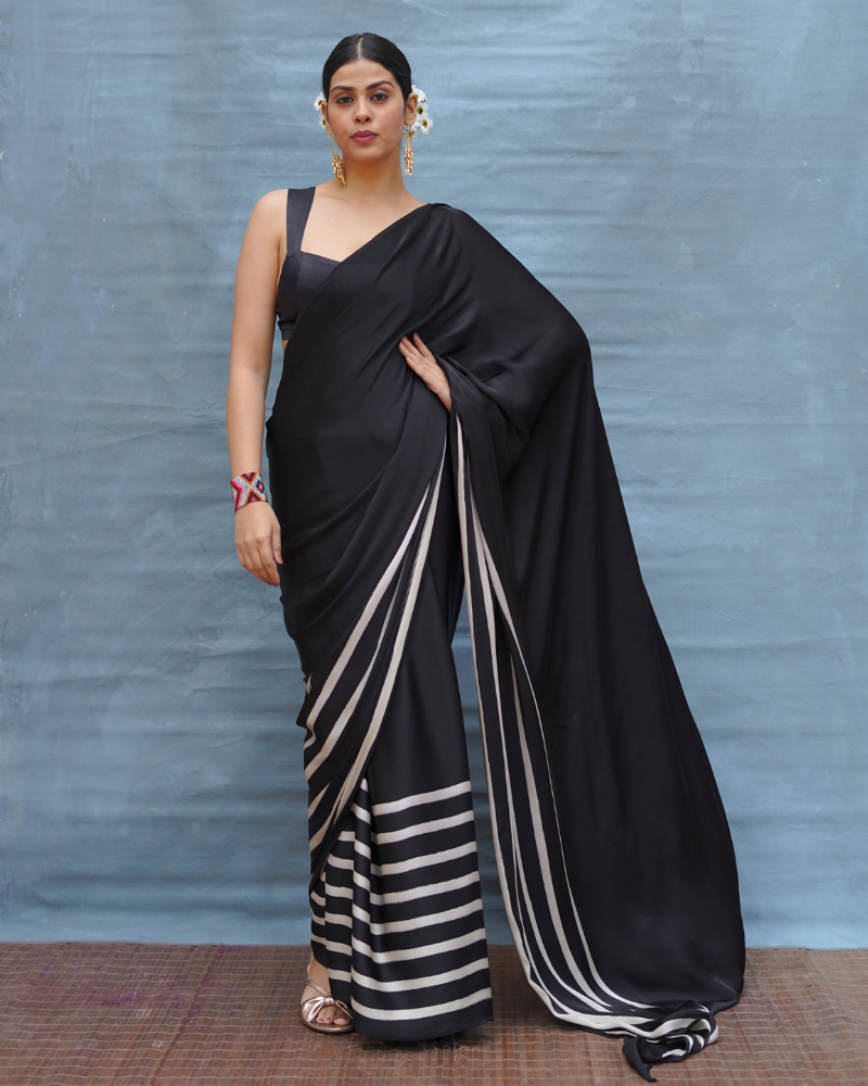 Airy Fold Black Handblock Print Modal Silk Saree - Flow
