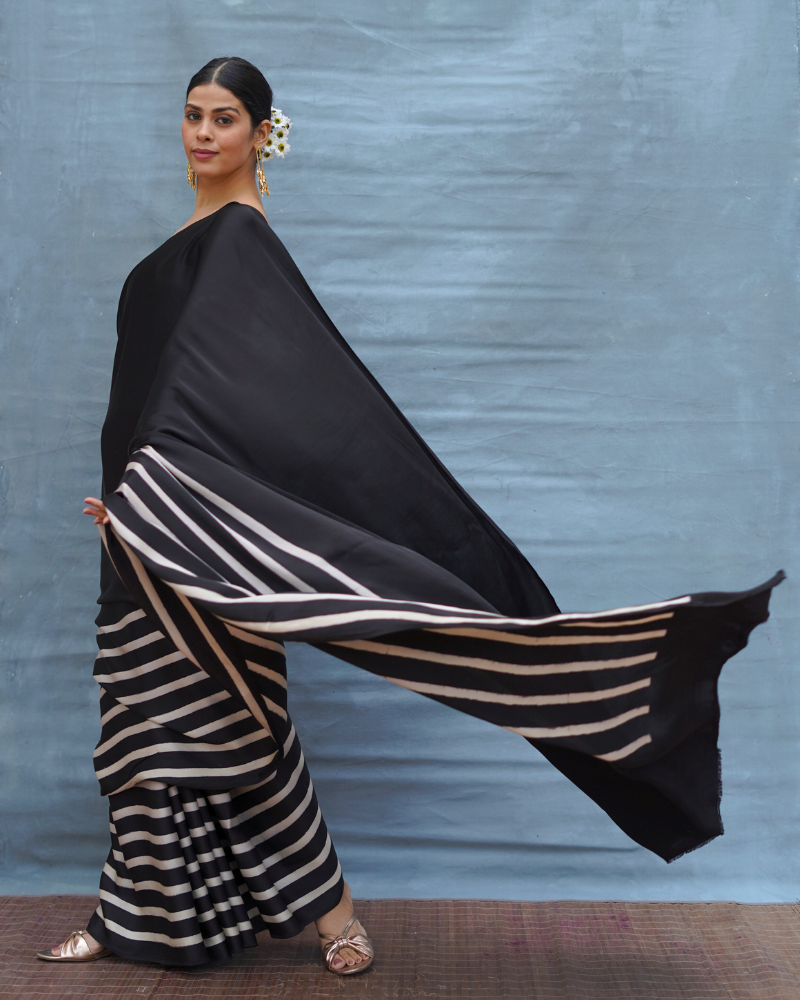 Airy Fold Black Handblock Print Modal Silk Saree - Flow