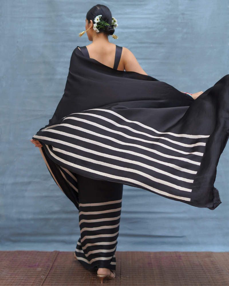 Airy Fold Black Handblock Print Modal Silk Saree - Flow