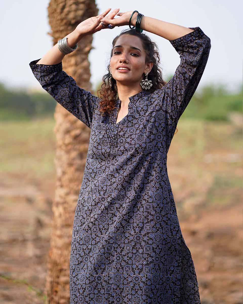 Silky Blooms Blockprinted Cotton Kurti-WWB