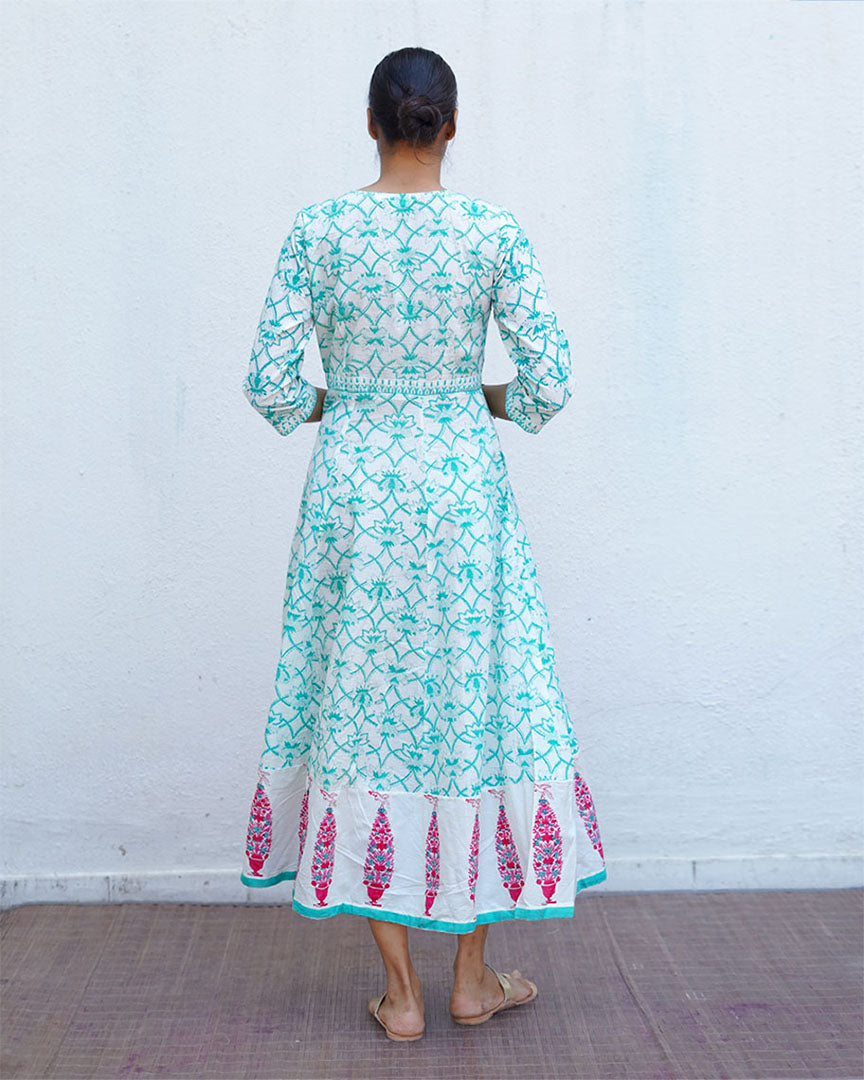 Chamomile’s Calm Teal Green Block Printed Cotton Dress - MMG