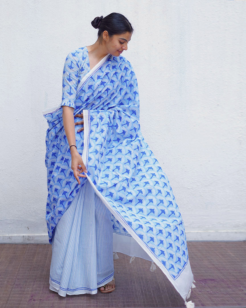 Maya Blue Hand Block Printed Saree-BAD