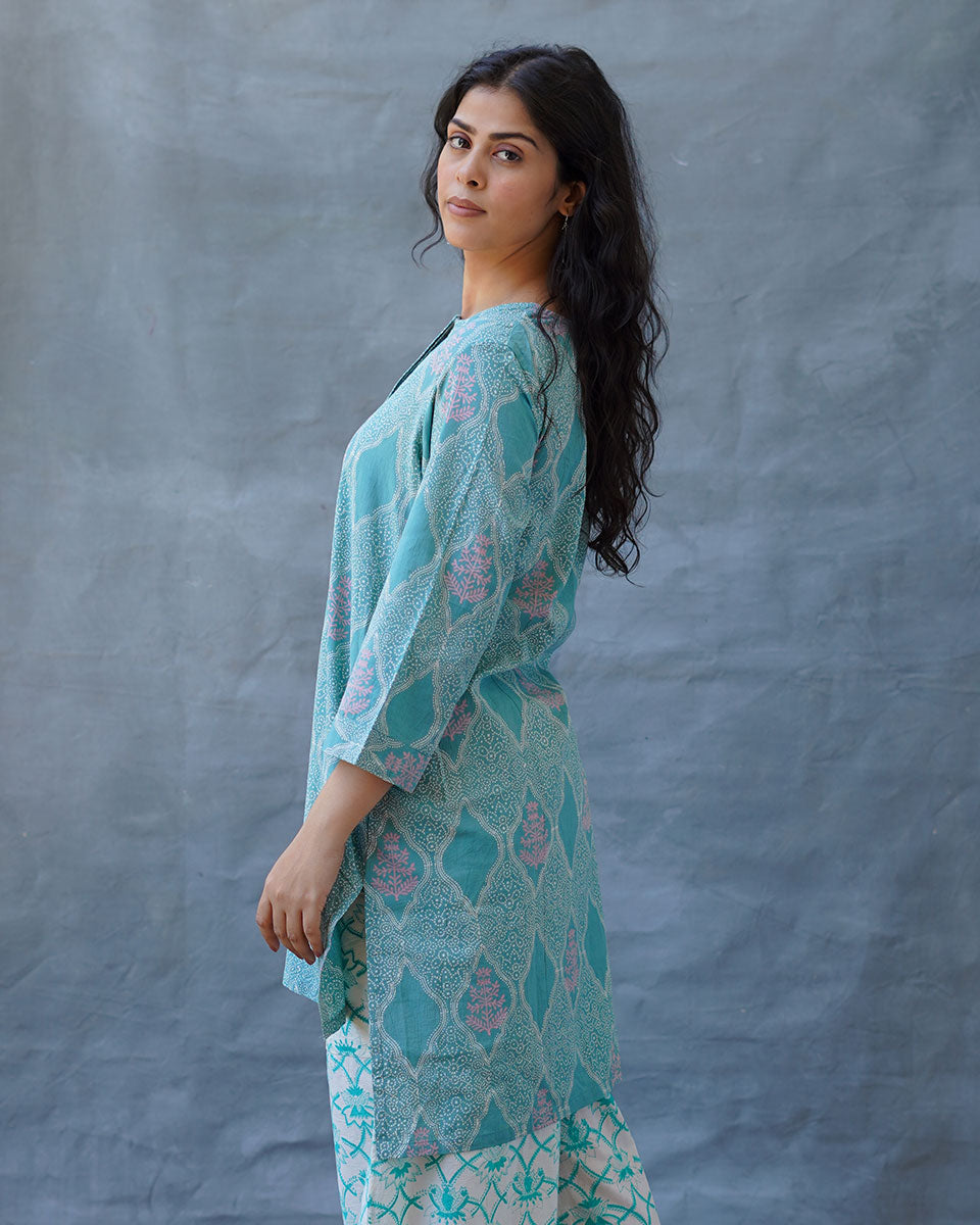 Tenderness of Tulips Teal Green Block Printed Kurti - MMG