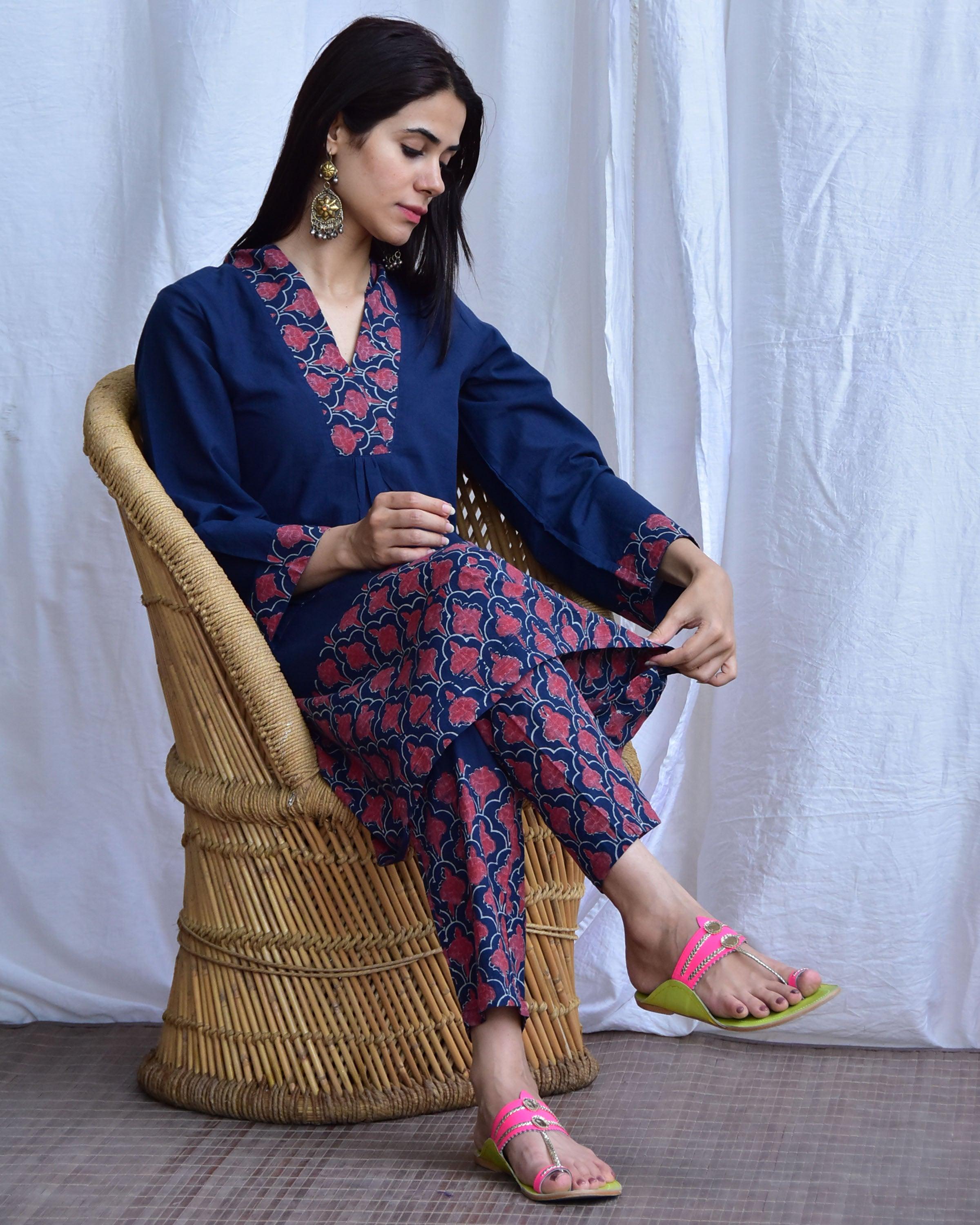 Starry Bloom Blue Hand block printed Cotton Kurta - LD