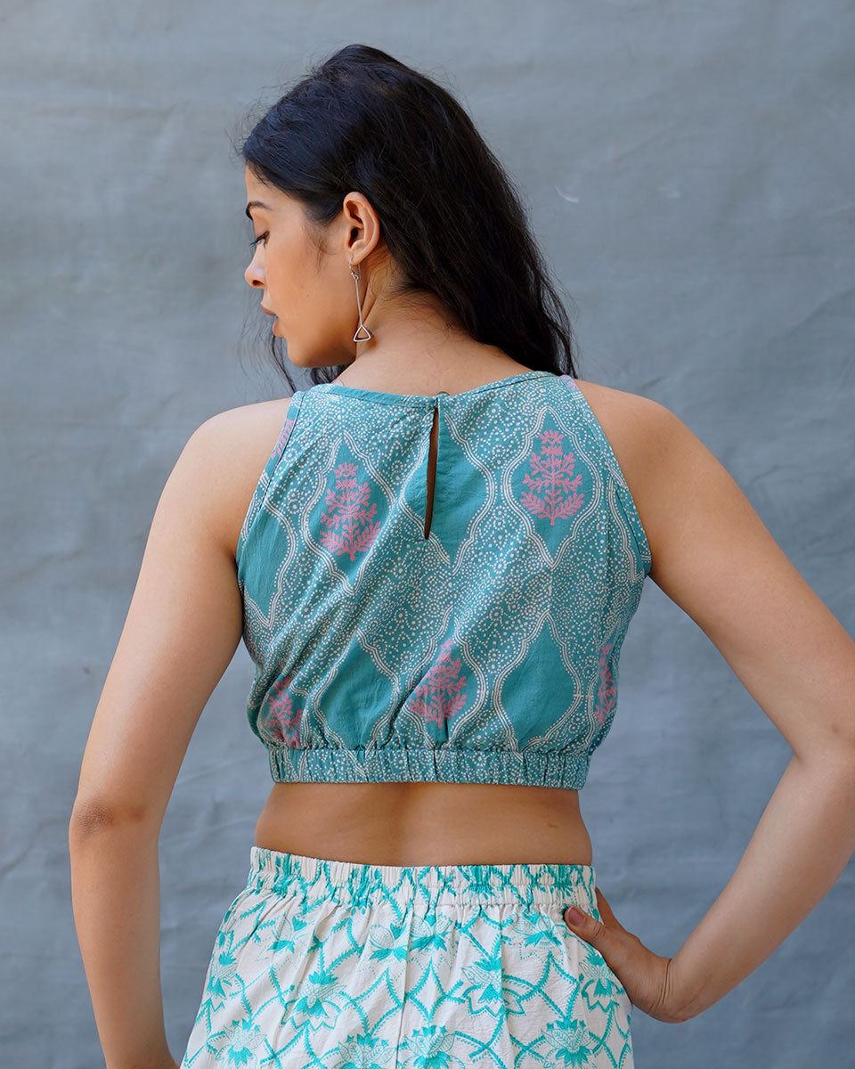 Dewy Daffodils Teal Green Block Printed Blouse - MMG