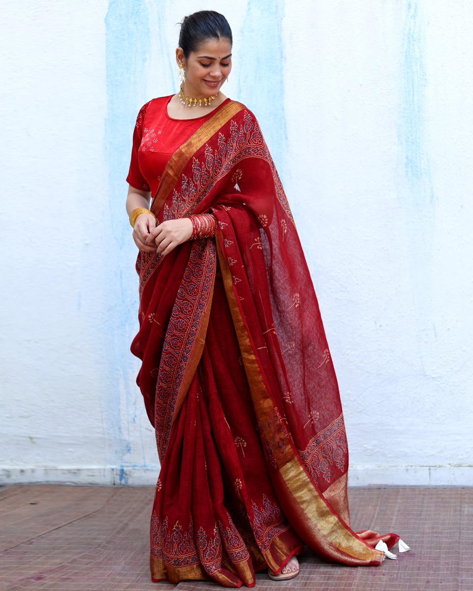 Nayyir Maroon Handblock Print Linen Saree - RSH