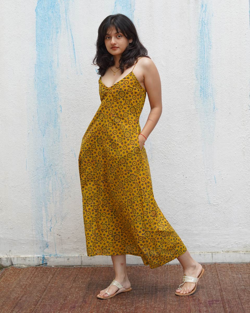 Worm Moon Yellow Handblock Print Cotton Dress - MNCH