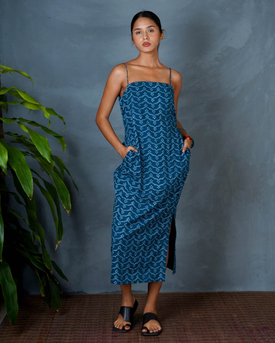 Anaya Teal Green Hand Block Printed Dress-MYA
