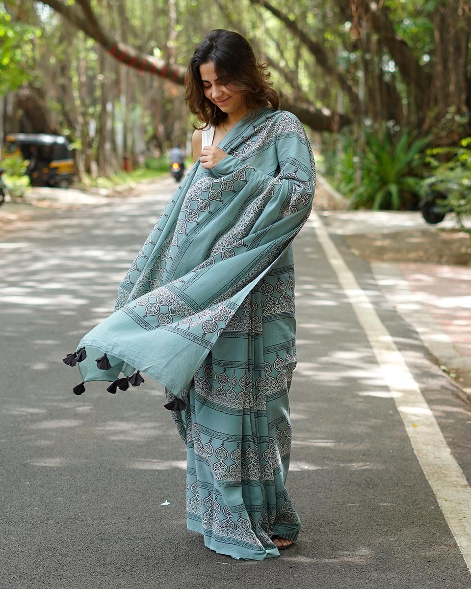 Misri Mist Blue Handblock Print Cotton Saree - PBC