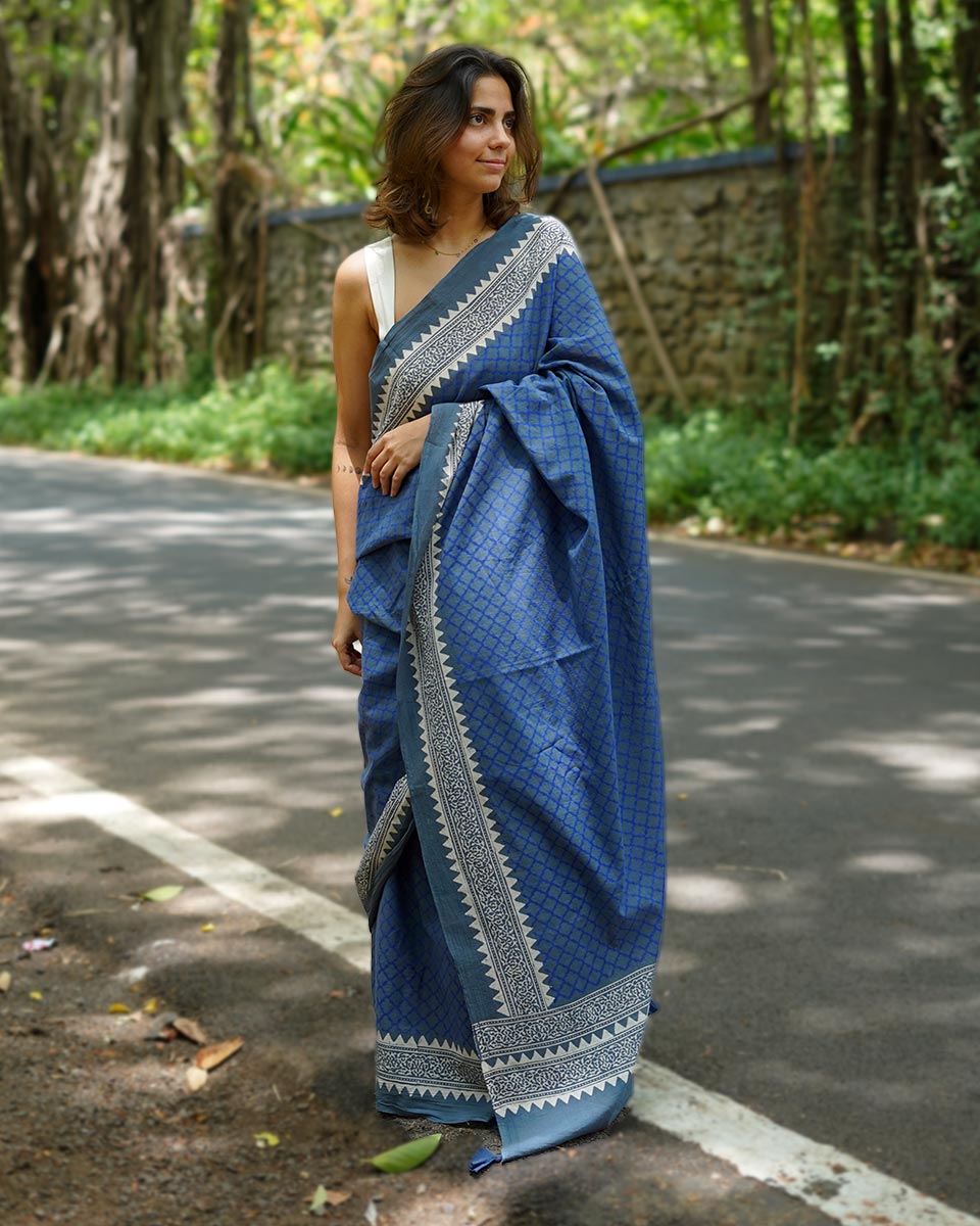 Butterflypea Pudding Blue Handblock Print Cotton Saree - PBC