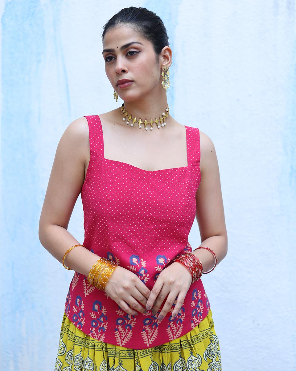 Aftabi Pink Handblock Print Cotton Top - RSH