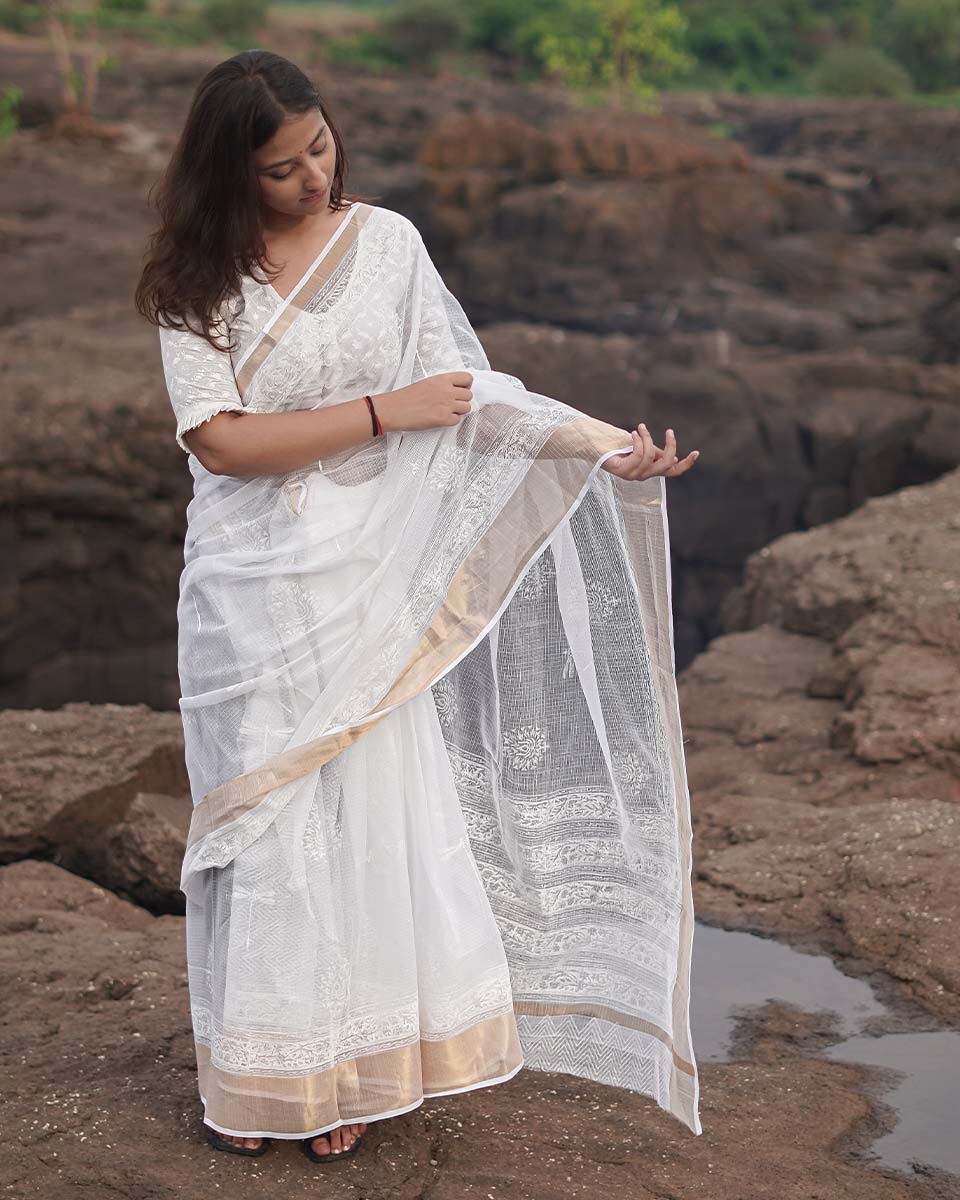 Cloudberry Kota Doria Ivory Block Printed Saree - SFD