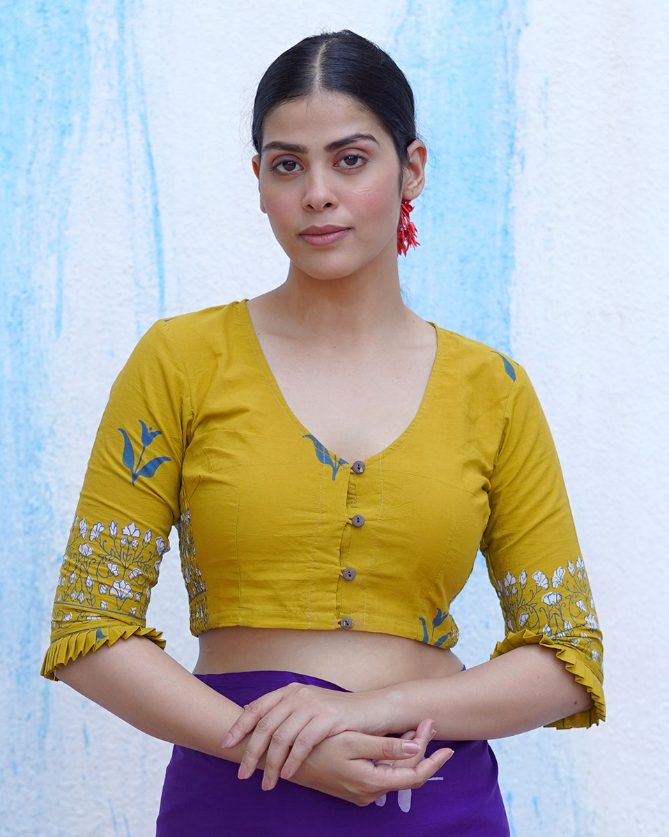 Pankhi Mustard Yellow Handblock Print Cotton Blouse - BFG