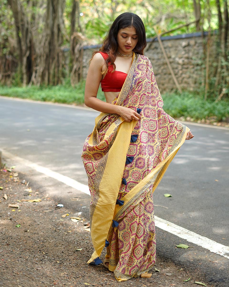 Chikoo Shake Mustard Yellow Handblock Print Cotton Saree - PBC
