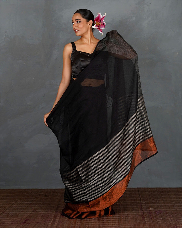 Follow Dawn Black Handwoven Linen Saree - TARA